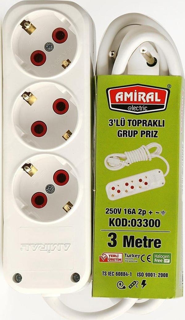 3 lü Topraklı 3 Metre Kablolu Grup Priz - Image 1