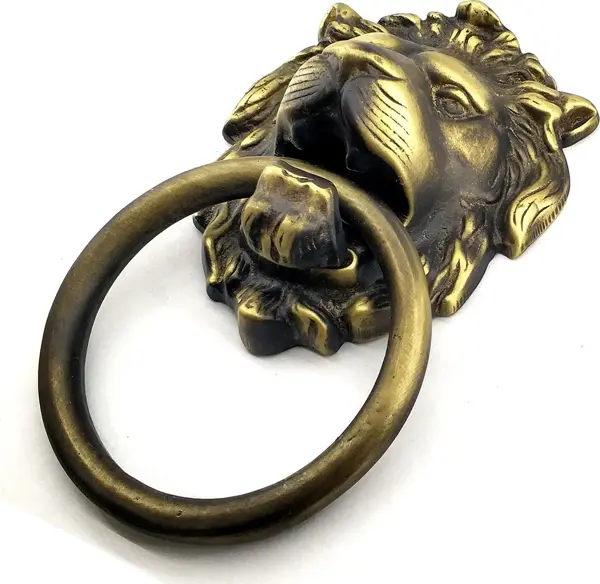 Antika Tarz Dekoratif Pirinç Aslan Kapı Tokmağı, Taktak - 102x130 mm, Antik - Image 1
