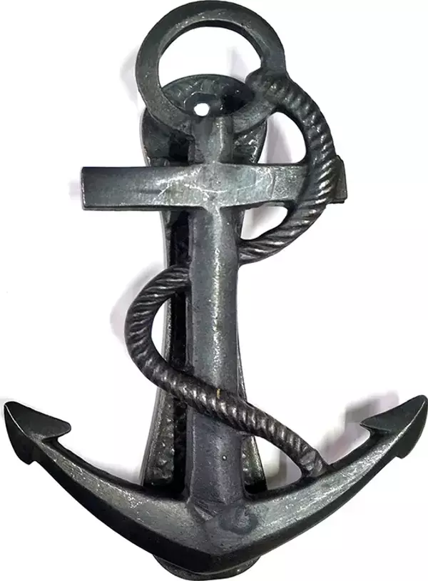 Antika Tarz Dekoratif Pirinç Halatlı, Çapa, Denizci, Gemici Kapı Tokmağı, Taktak - 170x60mm, Oksit - Image 1