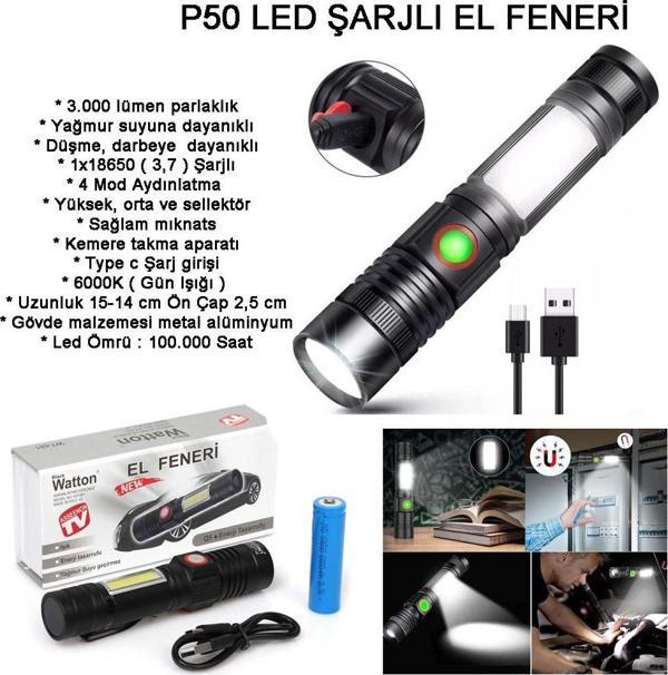Geniş Açılı P50 Led Şarjlı EL Feneri Watton Wt-601 - Image 1