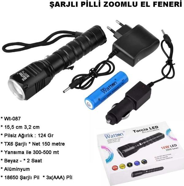 Şarjlı Pilli Zoomlu EL Feneri Watton Wt-087 - Image 1