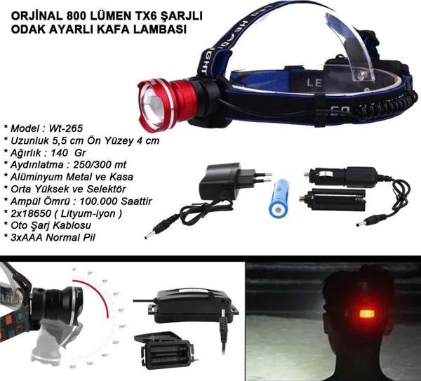 Orjinal 800 Lümen T6 Şarjlı Kafa Feneri Watton Wt-265 - Image 1