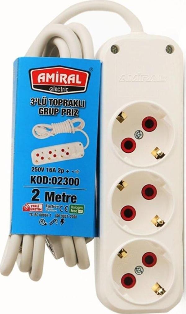 3 lü Topraklı Anahtarlı 2 Metre Kablolu Grup Priz - Image 1