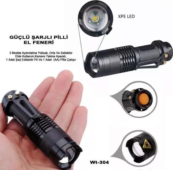 Mini Güçlü Şarjlı Pilli EL Feneri Watton Wt-304 - Image 1