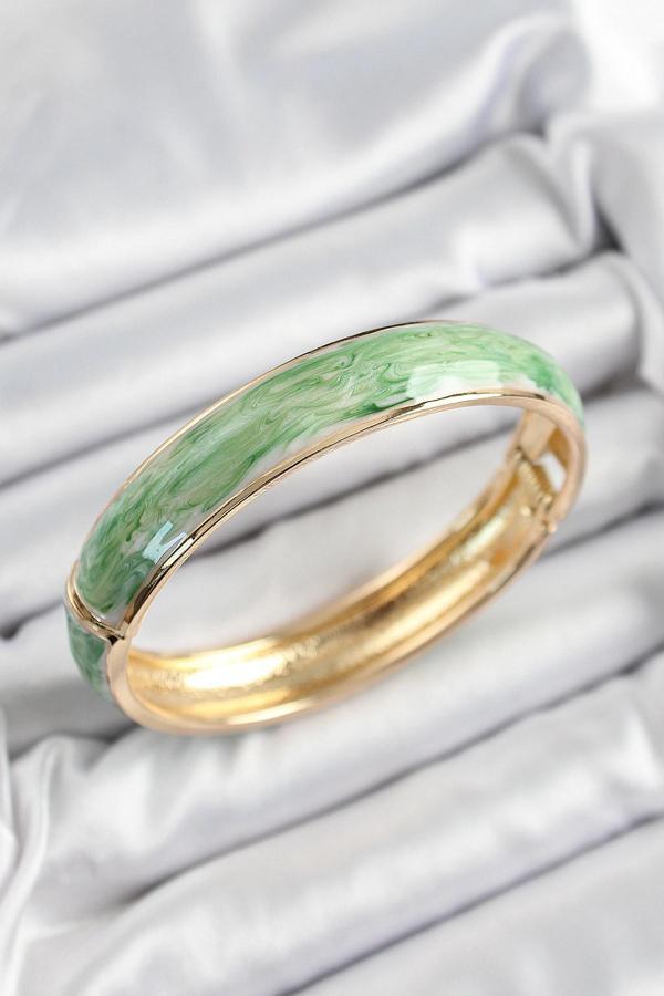 Pirinç Mavi Yeşil Mineli Mermer Desen Model Gold Renk Kadın Kelepçe - EBJ250705W36278 - Image 1