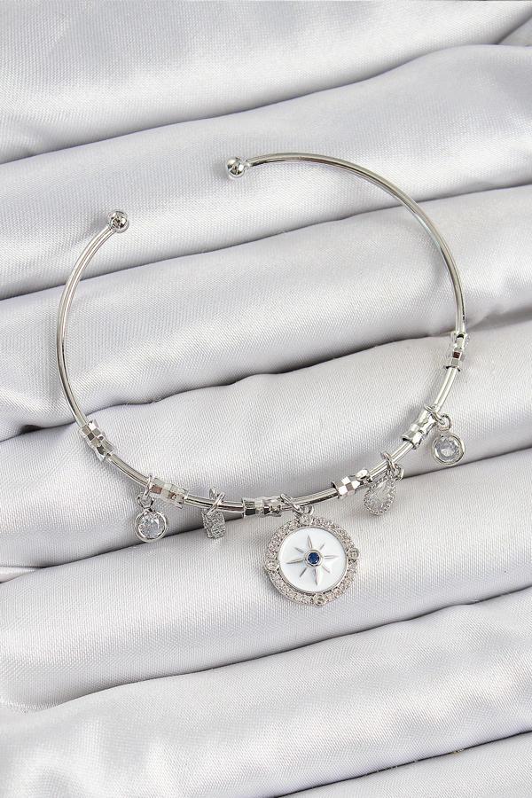 Pirinç Zirkon Taşlı Pusula Model Gümüş Renk Charm Bileklik - EBJ250705W36295 - Image 1