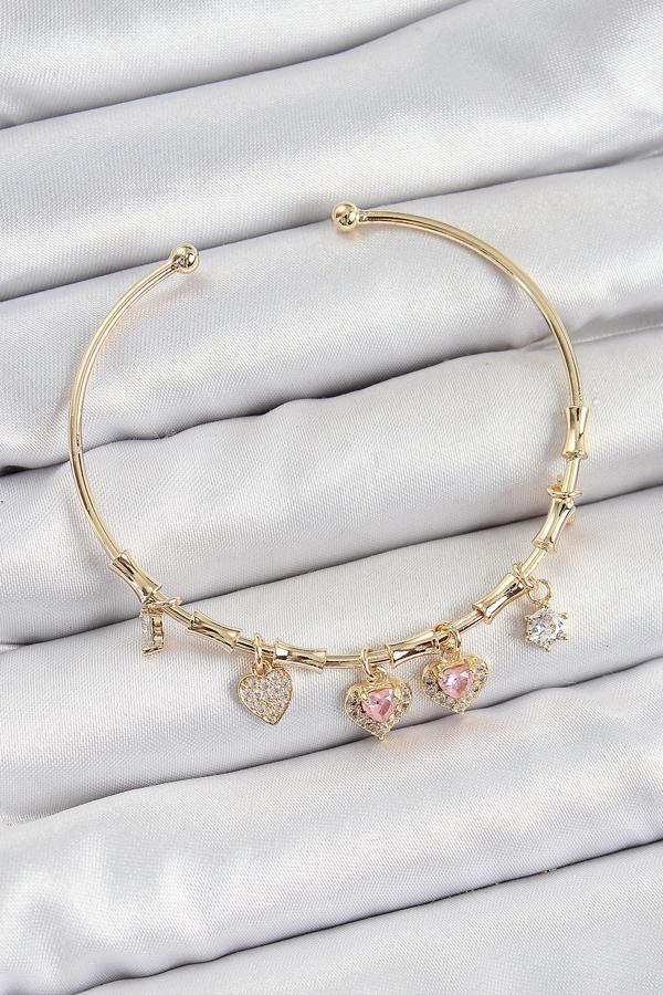 Pirinç Zirkon Taşlı Pembe Kalp Model Gold Renk Charm Bileklik - EBJ250705W36302 - Image 1