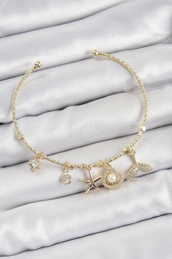 Pirinç Zirkon Taşlı İstiridye Ve Deniz Yıldızı Model Gold Renk Charm Bileklik - EBJ250705W36304 - Image 1
