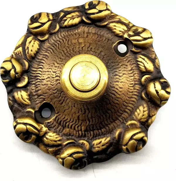 Antika Tarz Dekoratif Pirinç Güllü Kapı Zili - 75mm, Antik - Image 1
