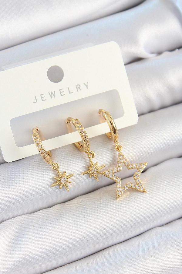 Pirinç Zirkon Taşlı Yıldız Model Gold Renk 3'lü Çift Kadın Küpe Set - EBJ250705W36211 - Image 1