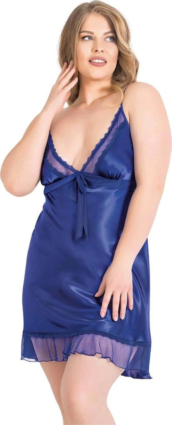 Miss Büyük Beden Saks Kısa Saten Gecelik - Image 1