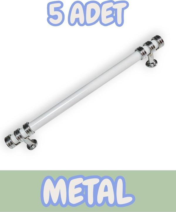 Nesli Alüminyum Metal Lüks Modern Mobilya Çekmece Mutfak Dolabı Kulpu Beyaz-Krom 128mm (5 Adet) - Image 1
