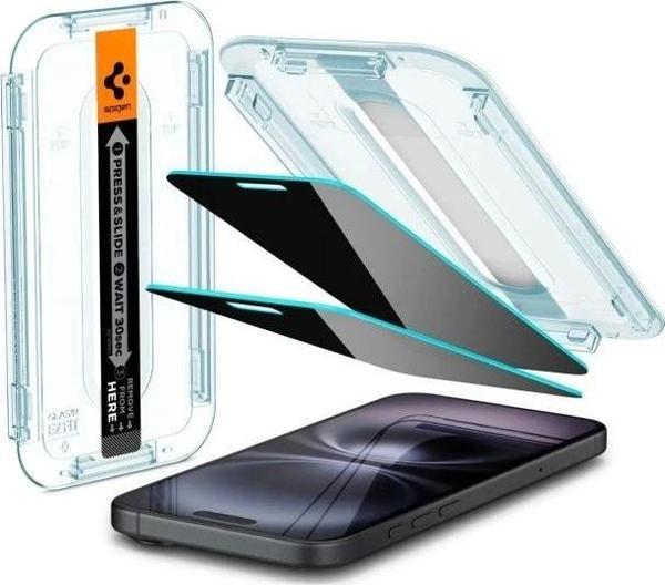 Spigen iPhone 15 Temperli Cam Ekran Koruyucu [GlasTR EZ FIT - Privacy] - 2'li Paket - Image 1