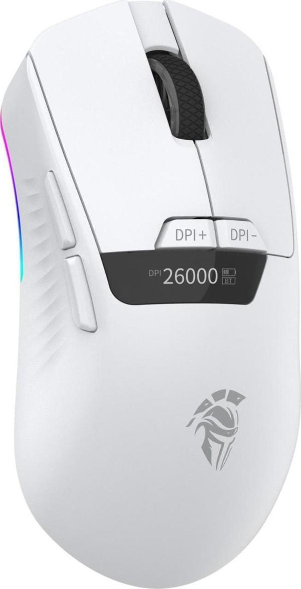 Throne Raito RefleX 26000 Dpi Pixart PAW 3395 OLED Ekran & Makro Yazılım PTFE Kaplama 59gr RGB Kablosuz Gaming Mouse (2.4Ghz + BT + Type-C) - Beyaz - Image 1