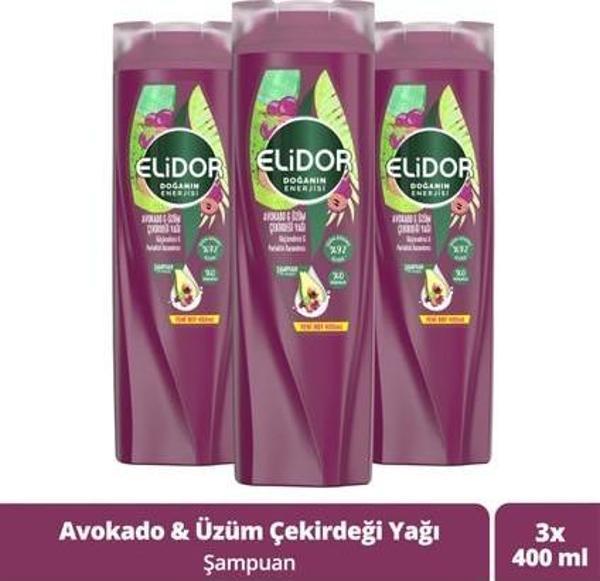 Elidor Doğanın Enerjisi Saç Bakım Şampuanı Avokado ve Üzüm Çekirdeği Yağı Güçlendirici & Parlaklık Kazandırıcı 400 ml X3 - Image 1