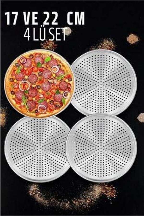 Delikli Pizza Lahmacun Tepsisi Çelik 17 ve 22 CM 4'lü SET - Image 1