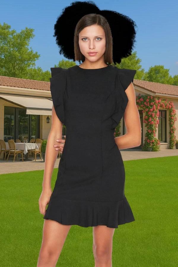 Feminen Mini Elbise Bisiklet Yaka Fırfır Detaylı Bodycon Polyester Kaliteli İşçilik - Image 1