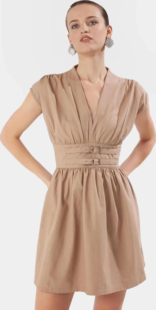 A Kesim Mini Elbise Kemer Detayı V Yaka Pamuk Polyester Dokuma Gabardin Yazlık Özel Tasarım - Image 1