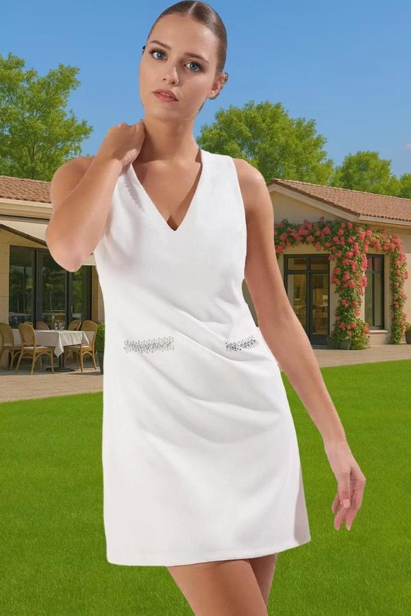 Taş Detaylı Mini Abiye Elbise V Yaka Finike Dokuma Kisa Elbise Premium Kalite Özenle Seçilmiş - Image 1