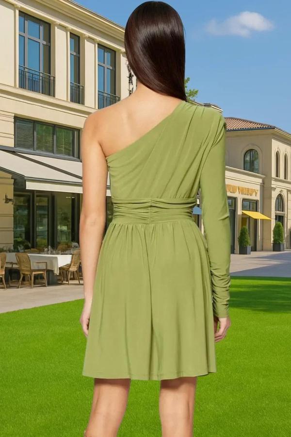 Asimetrik Yaka Tek Kol Uzun Kollu Örme Mini Elbise Polyester Yazlık Uzun Ömürlü Özel Tasarım - Image 1