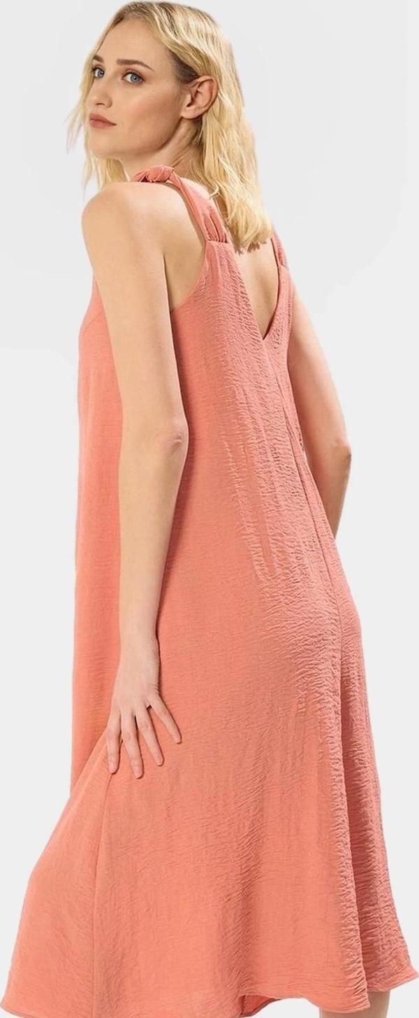 Rahat Kesim Kolsuz V Yaka Midi Elbise Polyester Dokuma Kumaş Premium Kalite - Image 1