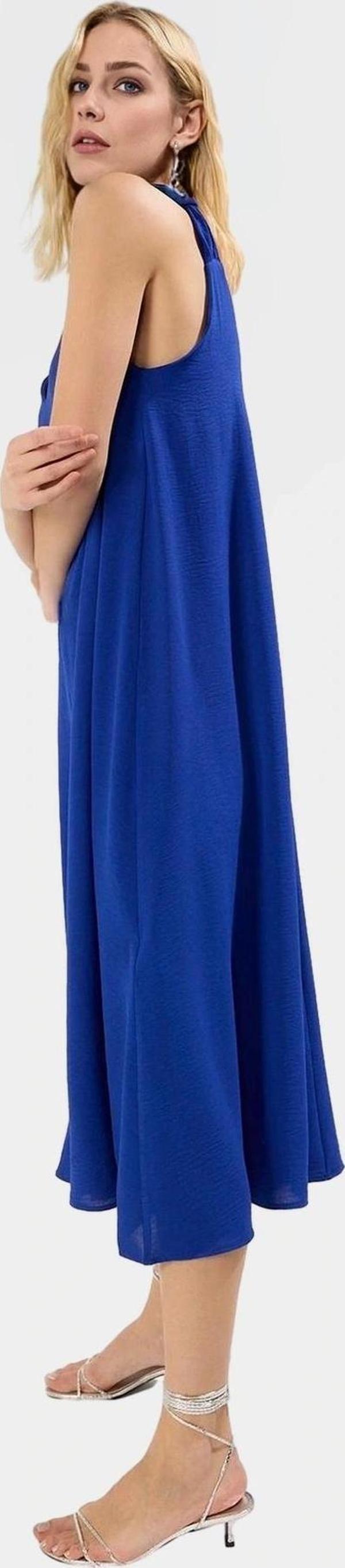 Rahat Kesim Kolsuz V Yaka Midi Elbise Polyester Dokuma Kumaş Premium Kalite - Image 1