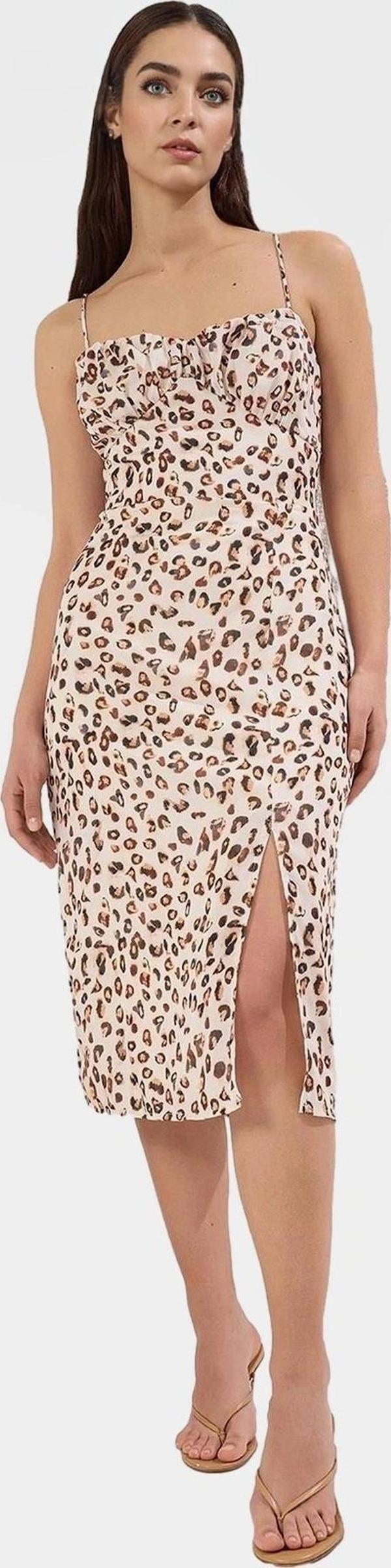 Leopar Desenli Kolsuz Midi Elbise Yazlık Bodycon Dokuma Mükemmel Uyum Konforlu Kesim Şık Görünüm - Image 1