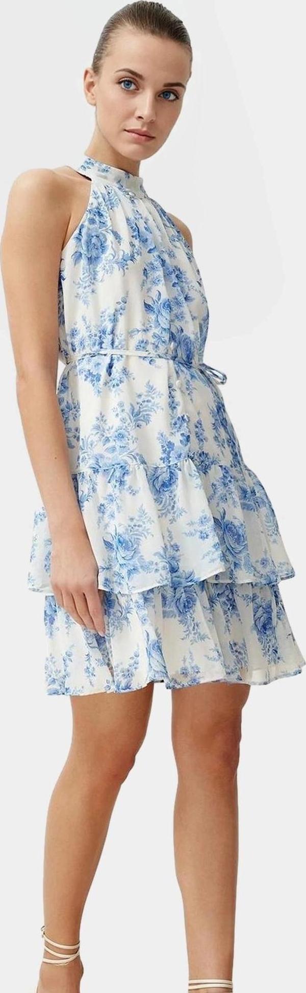 Yazlık Mini Elbise Çok Çiçek Desenli Astarlı Halter Yaka Dokuma Kumaş Günlük Kullanım İçin - Image 1