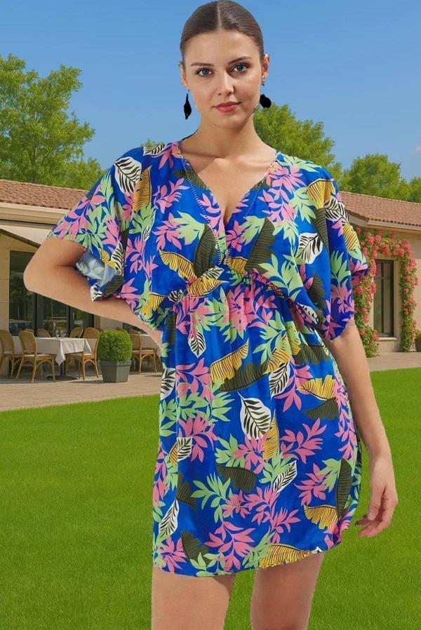 Shally Dokuma Viskoz Mini Elbise Çiçek Desenli Yazlık Plaj Günlük Kullanım İçin Modern Stil - Image 1