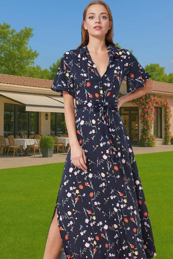 Yazlık Kadın Midi Gömlek Elbise Çiçek Desenli Viskoz Kumaşlı Rahat Konforlu Kesim Uzun Ömürlü - Image 1