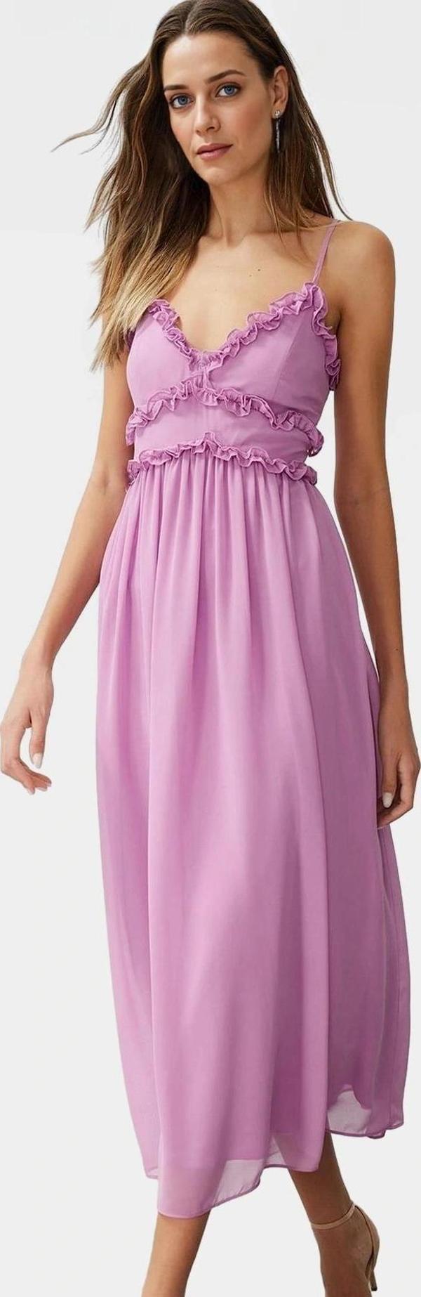 Çiçek Desenli A Kesim Maxi Elbise Şifon Kumaş V Yaka Astarlı Rahat Ve Şık Trend Tasarım - Image 1