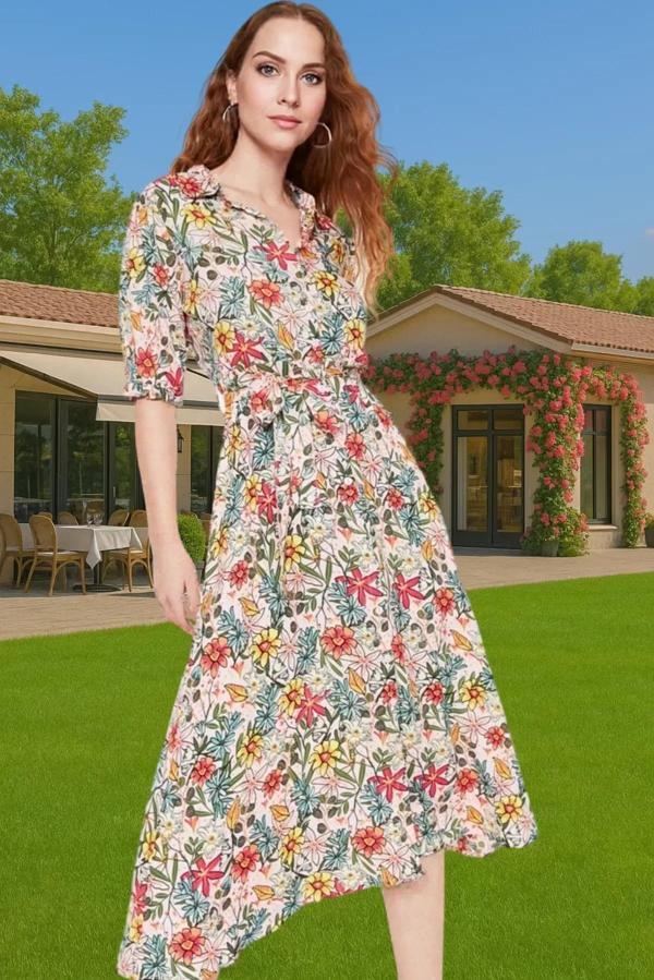 Kadın Şık Midi Boy Viskoz Elbise Animal Desenli Kuşak Detayı Casual Rahat Kullanım Şık Görünüm - Image 1