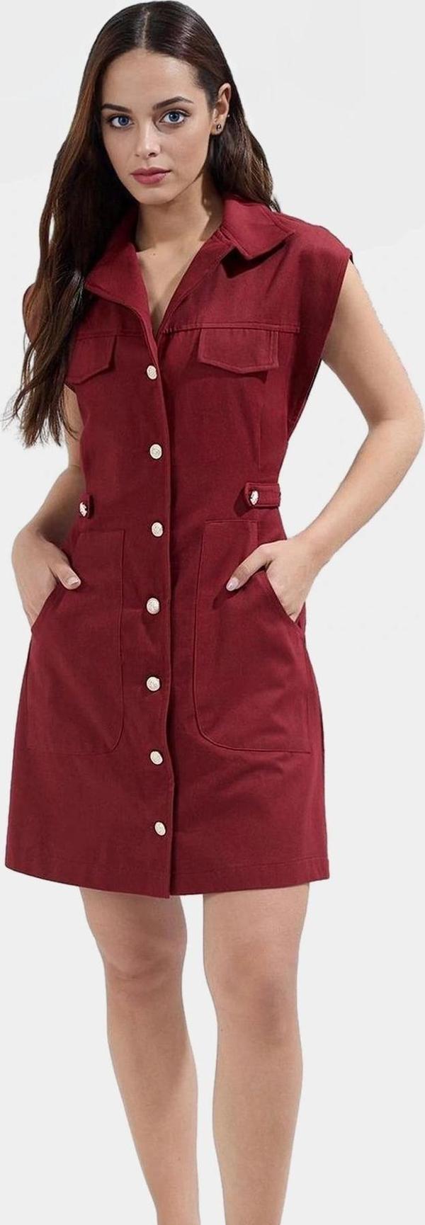 Dokuma Gabardin Mini Elbise Kisa Kol Düğmeli %Pamuk Yazlık Dayanıklı Malzeme - Image 1