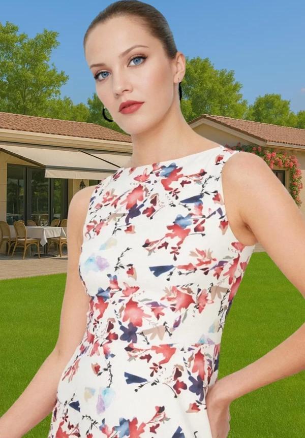 Yazlık Astarlı Mini A Kesim Elbise Çiçek Desenli Polyester Kumaş Uzun Ömürlü Zarifane Tasarım - Image 1