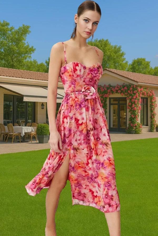 Şifon Gül Detaylı A Kesim Midi Abiye Elbise Yaz Mevsimi İçin Zarifane Tasarım Zarifane Tasarım - Image 1