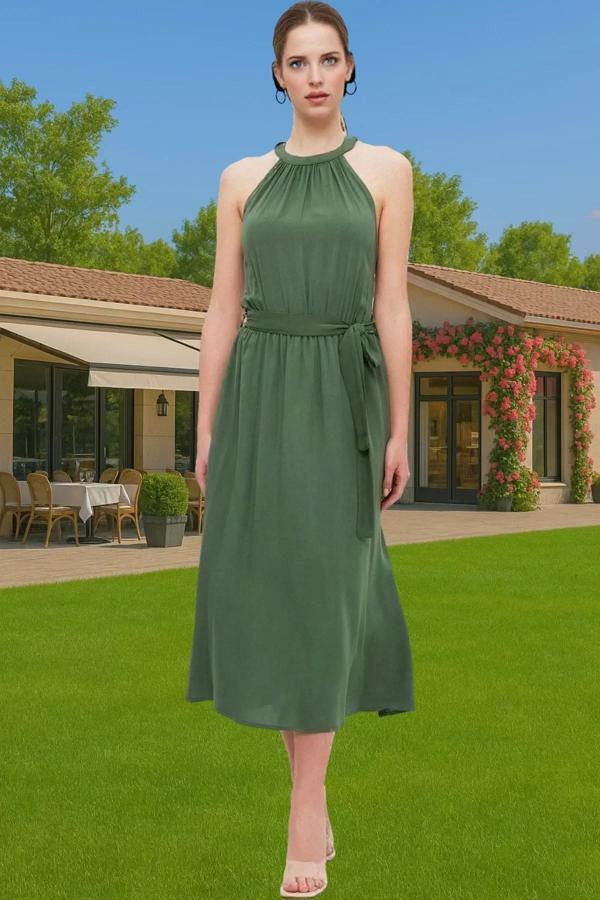 Şık Halter Yaka Midi Viskoz Elbise A Kesim Kuşak Detayı ile Dayanıklı Malzeme Dayanıklı Malzeme - Image 1