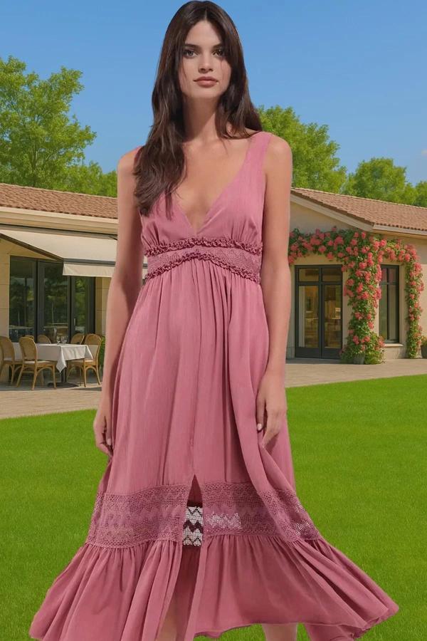 Yazlık Plaj Elbisesi Maxi Boy V Yaka Dokuma Crinkle Rahat Ve Şık Modern Stil Mükemmel Uyum - Image 1