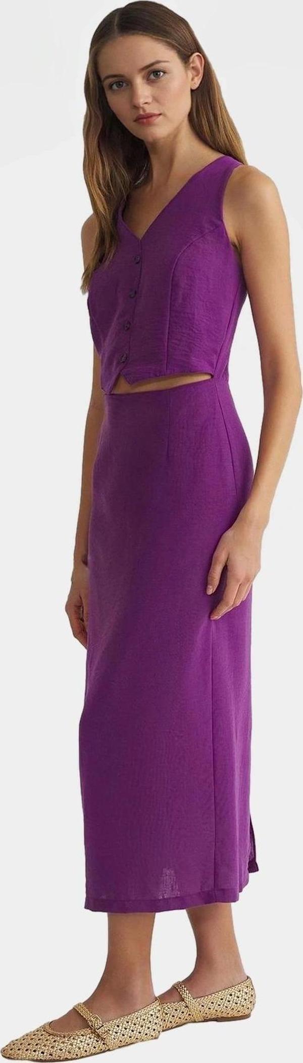 A Kesim Kolsuz Midi Elbise Dokuma Kumaş Yazlık Şık Modern Stil Görünüm - Image 1