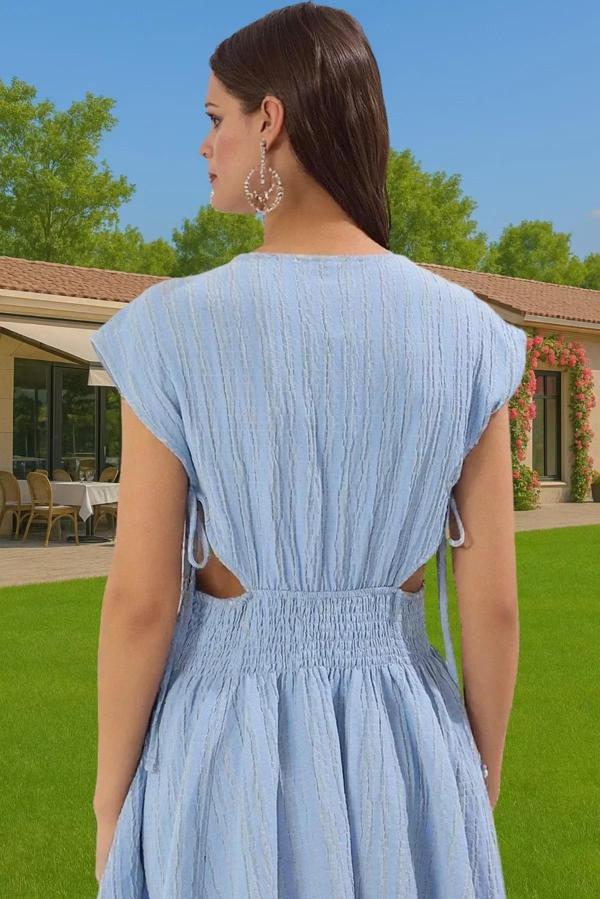 Keten Karışımlı V Yaka Mini Elbise Cut Out Detaylı Yazlık Elbise Profesyonel Görünüm Trend Tasarım - Image 1