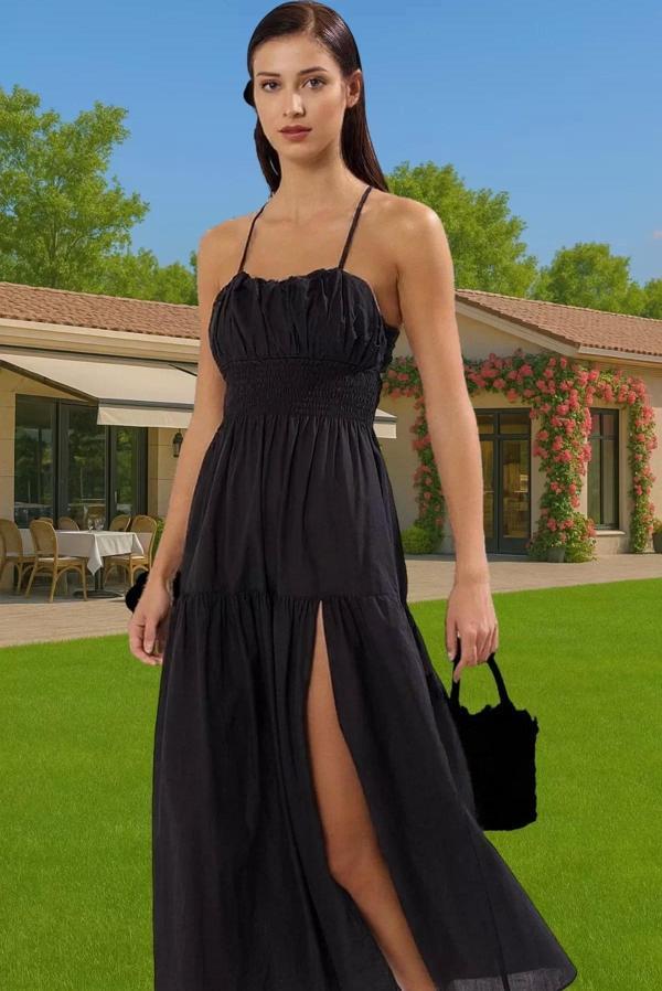 Pamuklu Maxi Elbise Skater Kalıp Sırt Dekolteli Plaj Modern Stil Özel Tasarım Dayanıklı Malzeme - Image 1