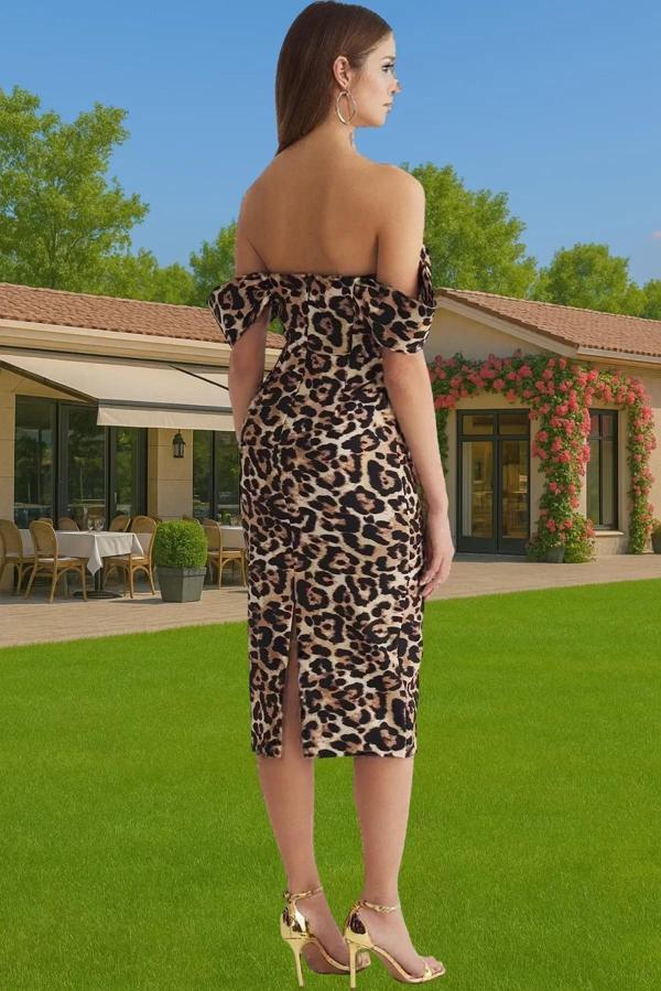 Şık Leopar Desenli Midi Abiye Elbise Polyester Yazlık Mezuniyet Elbisesi Dayanıklı Malzeme - Image 1