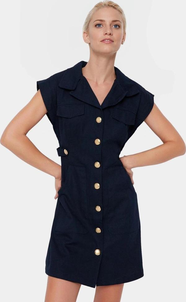Dokuma Gabardin Mini Elbise Kisa Kol Düğmeli %Pamuk Yazlık Dayanıklı Malzeme - Image 1