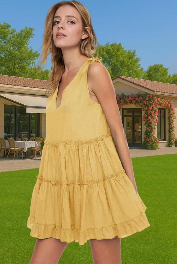 Pamuklu V Yaka Mini Elbise Geniş Kalıp Fırfırlı Yazlık Elbise Şık Görünüm Dayanıklı Malzeme - Image 1