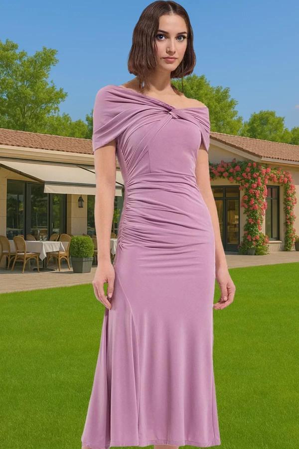 Rahat Asimetrik Yaka Kısa Kollu Örme Elbise Premium Kalite Yüksek Kalite Premium Kalite Rahat Ve Şık - Image 1