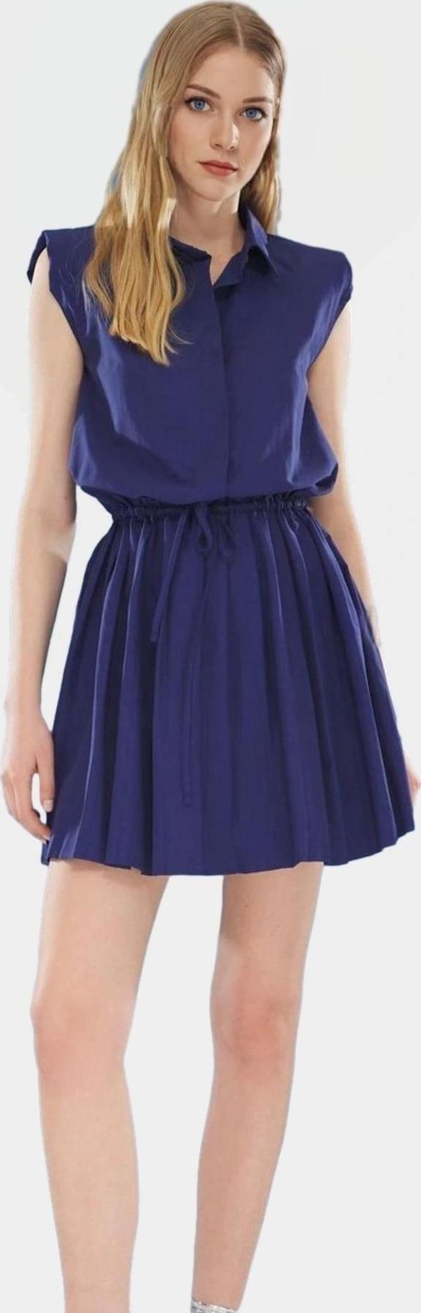 Dokuma Pamuklu Polyester Mini Elbise Gömlek Yaka Piliseli Belden Bağcıklı Yazlık - Image 1