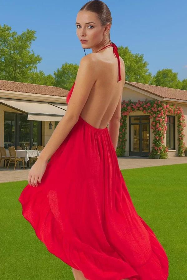 Askılı Volanlı Mini Plaj Elbisesi Crinkle Dokuma Polyester Yazlık Rahat Kullanım Kaliteli İşçilik - Image 1