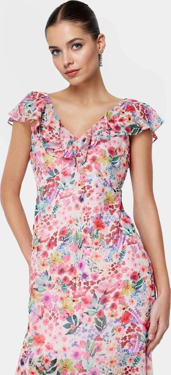 Çiçekli Astarlı Şifon Maxi Elbise Rahat A Kesim ve Kısa Kollar Zarifane Tasarım Özel - Image 1