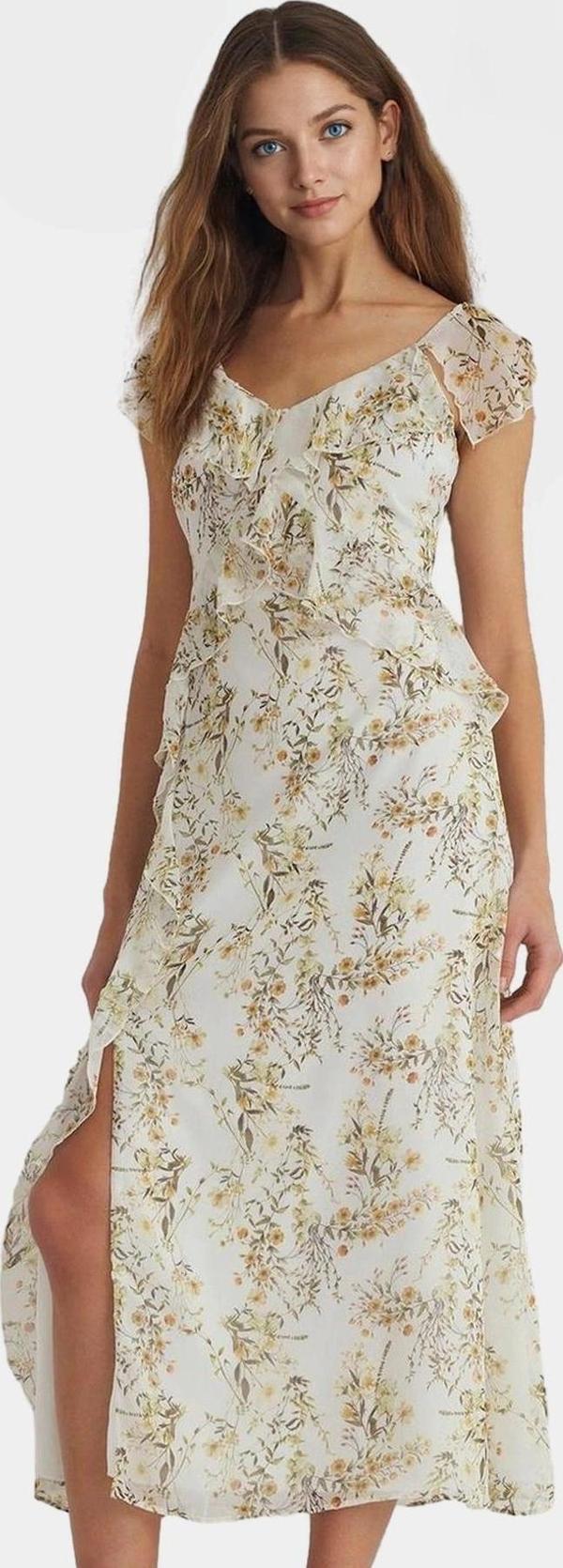 Çiçek Desenli A line Maxi Elbise Şifon Kumaş Rahat Kalıp Yazlık Modern Stil Özel Tasarım - Image 1