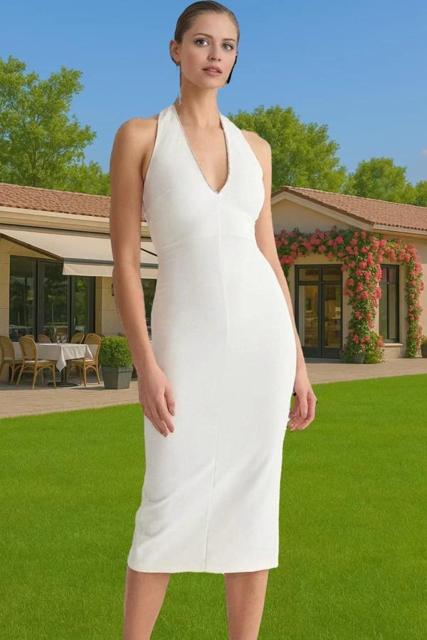 Şık Halter Yaka Bodycon Elbise Taş Detaylı Finike Dokuma Kaliteli İşçilik Kaliteli İşçilik - Image 1