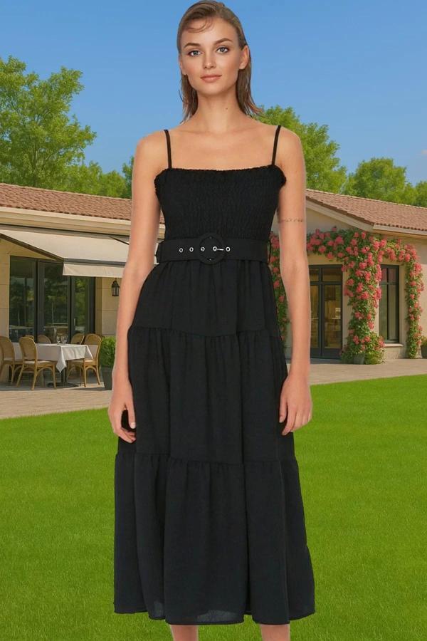 Kadın Yazlık Askılı Midi Boy Pileli Dokuma Elbise Günlük Kombinler İçin Uzun Ömürlü Trend Tasarım - Image 1